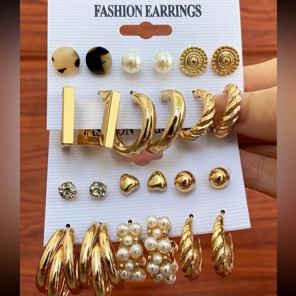 12 pair Faux Pearl Hoops and Stud Earrings - Picture 1 of 5